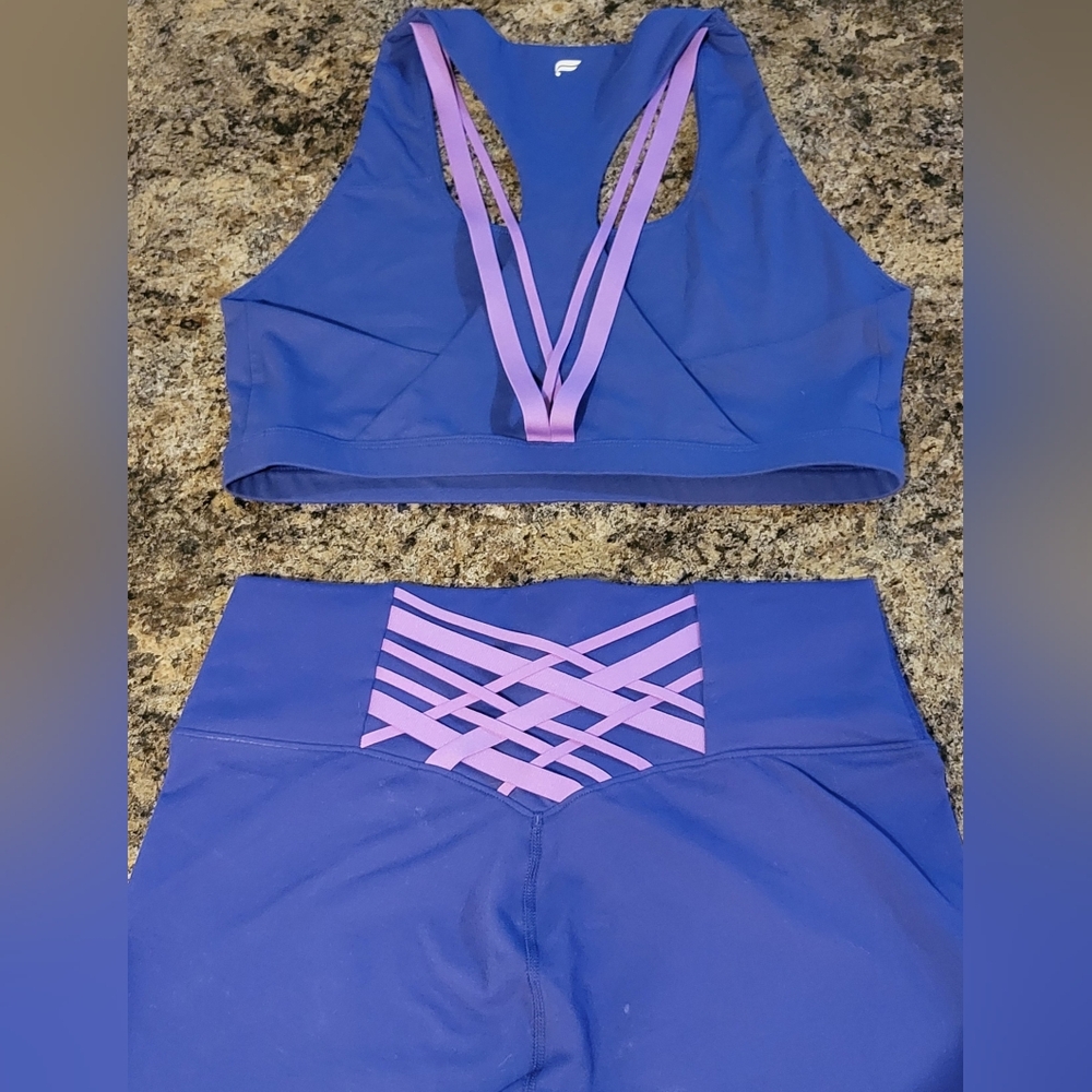 Fabletics Indigo Blue and Lavender Leggings and Bra Set
